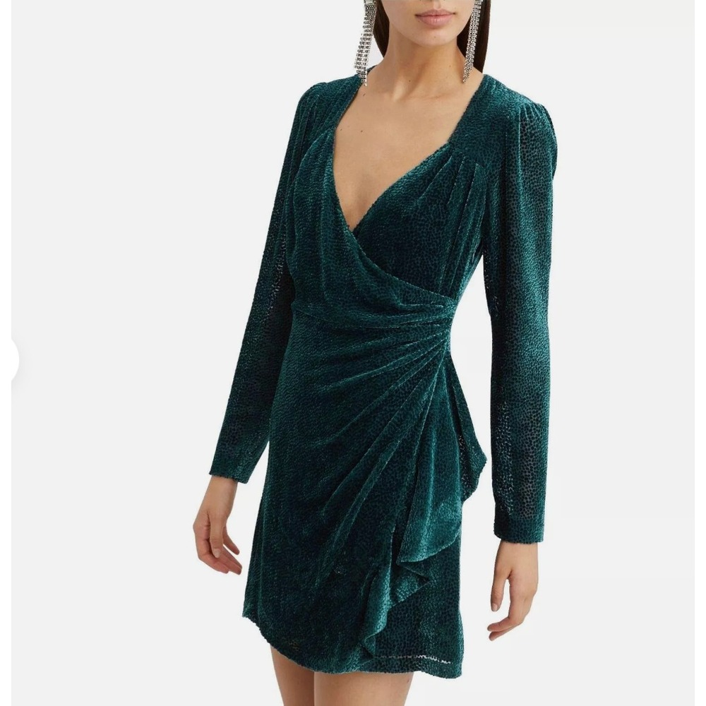 Intermix Brooke Green Velvet Burnout Faux Wrap Drape Dress 6